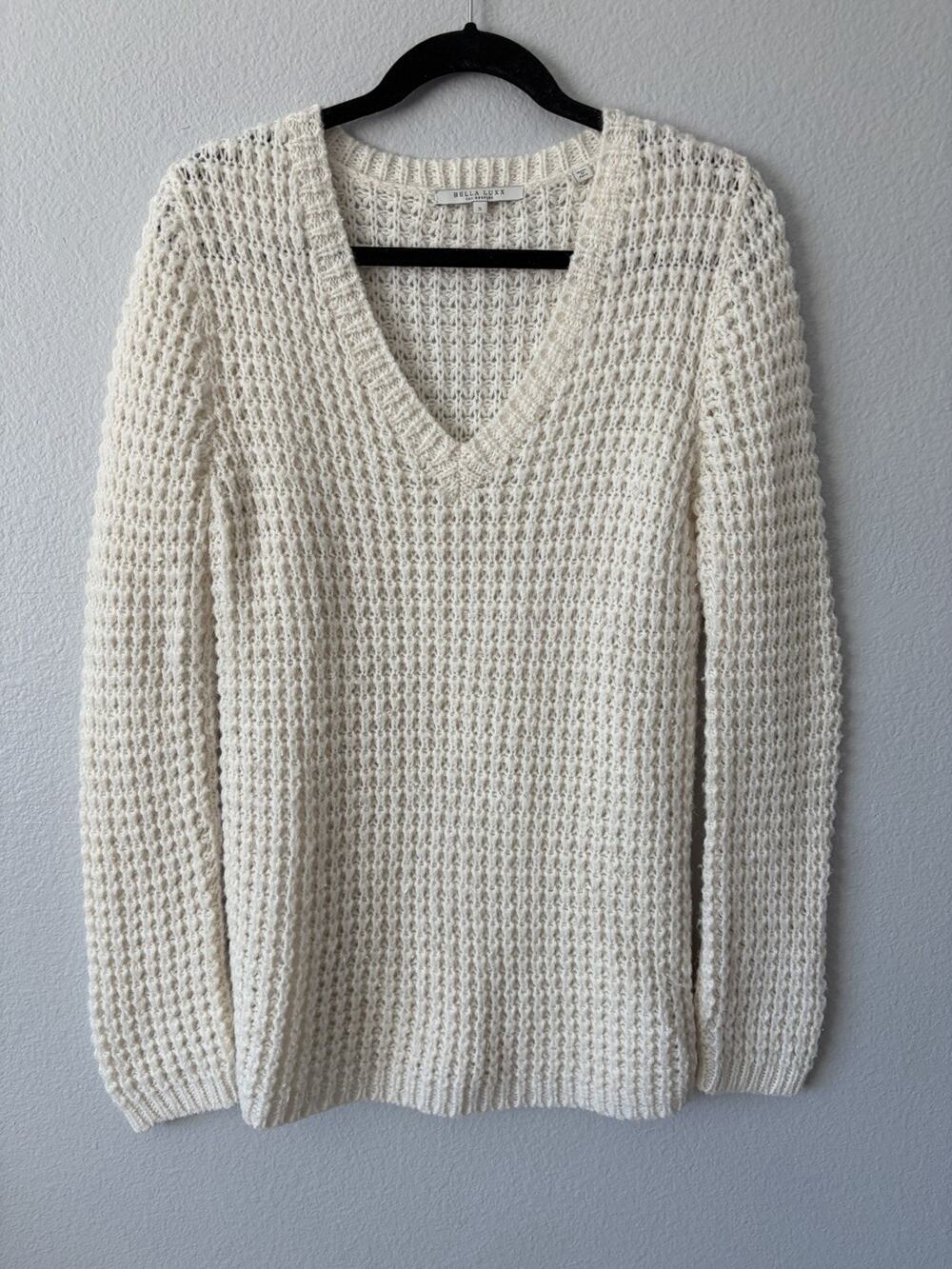 Bella Luxx Ivory Knit Peruvian Alpaca Blend Oversize V-Neck Fisherman Sweater S